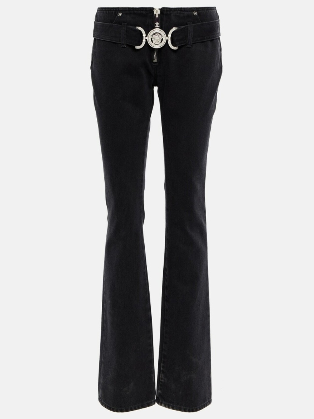 Versace Medusa Medallion Logo Belted Zip Low Rise Flare Leg Runway Jeans